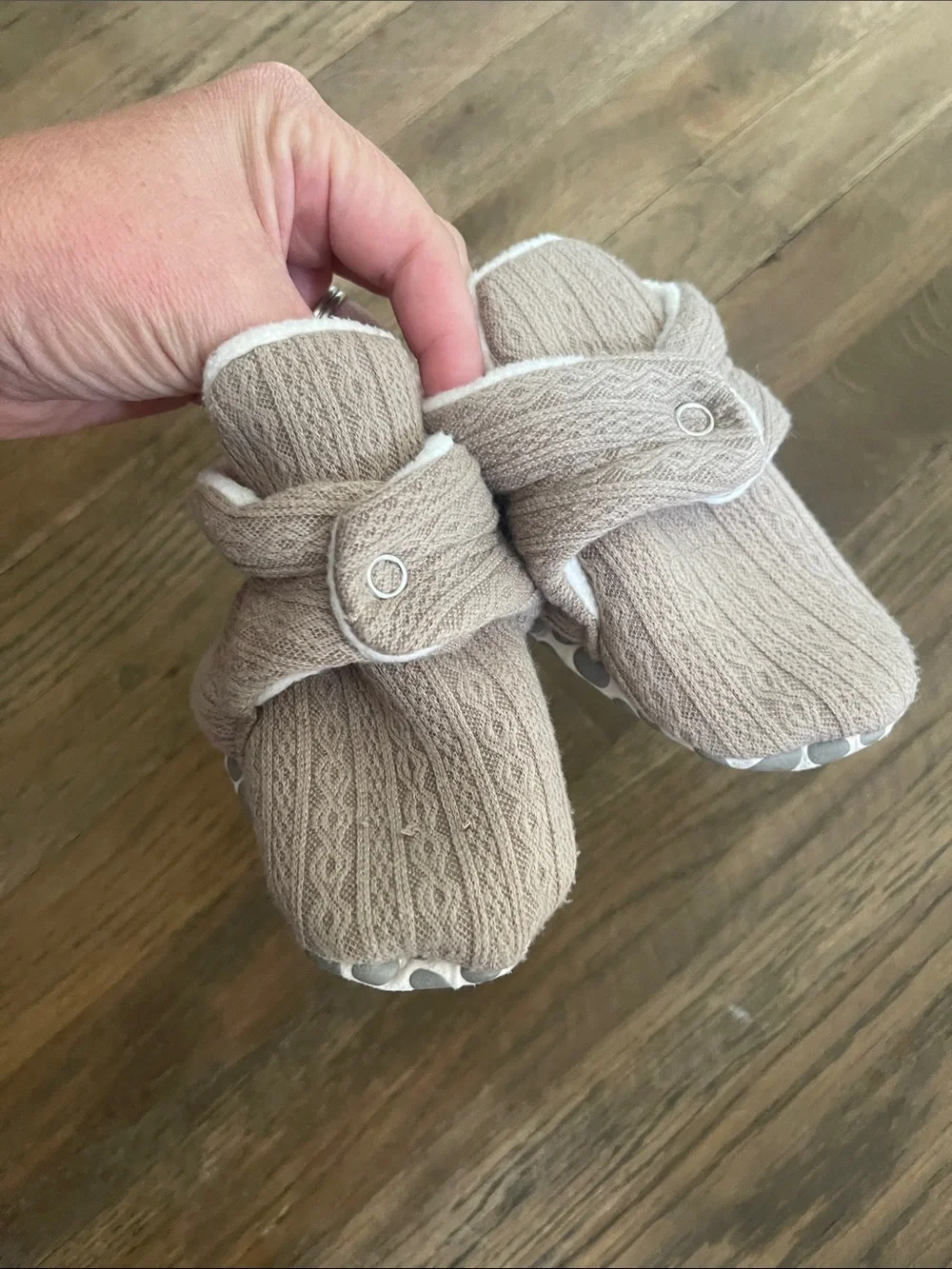 Beige Knit Baby Booties with Snap Strap 6-12 month